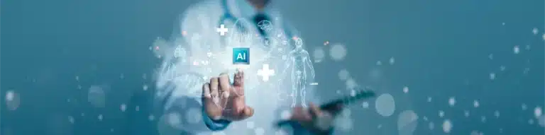 Doctor touching a digital AI icon surrounded by medical and health data graphics.